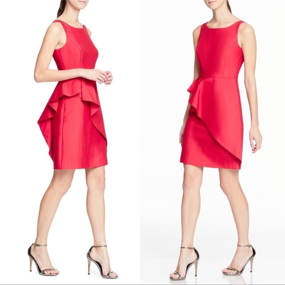 Halston Heritage Red Structured Ruffle Fit & Flare Party Dress 10 Nwt - Picture 4 of 14